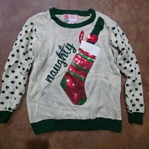 Ugly Christmas Sweater Glitter Stocking Wine Bottle Green NAUGHTY Sz LG